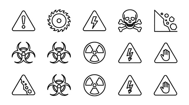 Warning and hazard line icon set with alert symbols