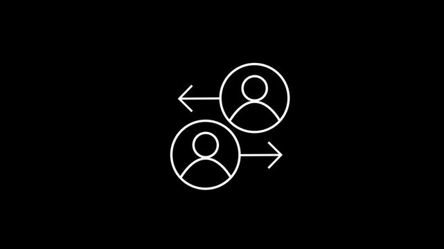 Human resources and networking concept video featuring animated white line graphics of two people inside circles with directional arrows, symbolizing team referral and communication.