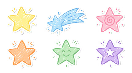 Obraz premium Crayon textured star sticker icon set in colorful hand drawn style