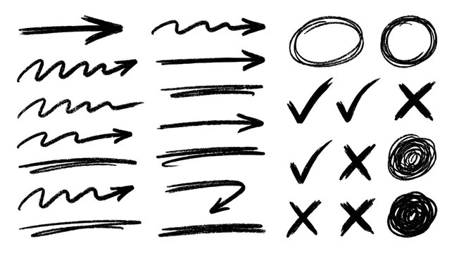Hand drawn marker arrows, circles, check marks, and scribble strokes