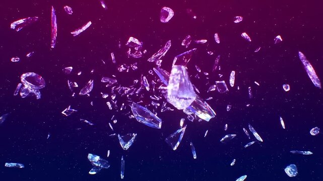 Slow motion tracking shot of glass shards exploding and scattering in neon gradient space like background