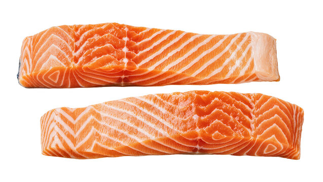 Two raw salmon fillets with visible white fat lines