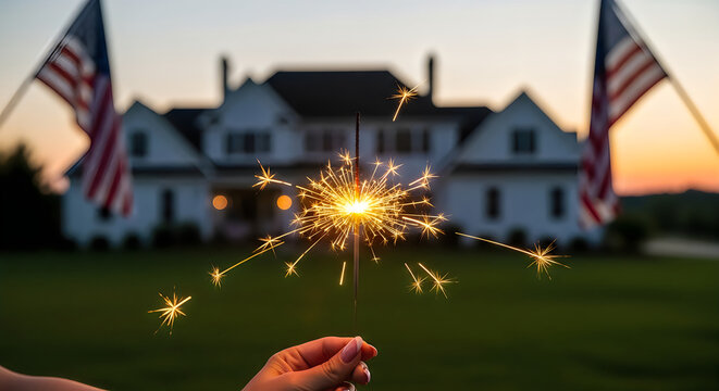 Fireworks exploding over large brick house at night with colorful lights in garden