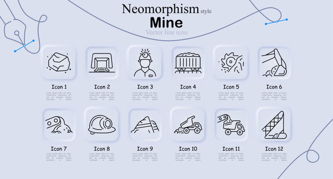 Mine set icon. Rock, tunnel entrance, miner helmet, ore cart, gear, excavator arm, conveyor, hard hat, mountain, dump truck, drilling machine, industrial mining line icons