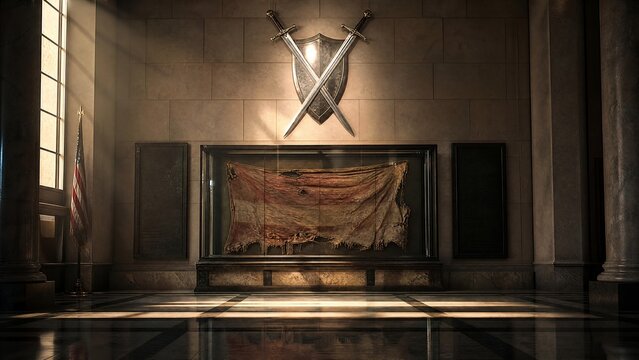 divisive. A tattered battle flag displayed beneath a sculpture of a crossed sword and shield in a memorial hall. event programs.