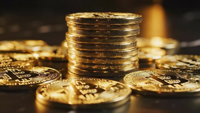 Golden bitcoin coins stacked on dark table. Cryptocurrency investment concept. Shiny coins reflect light creating warm atmosphere. Digital currency symbolizes wealth and finance.