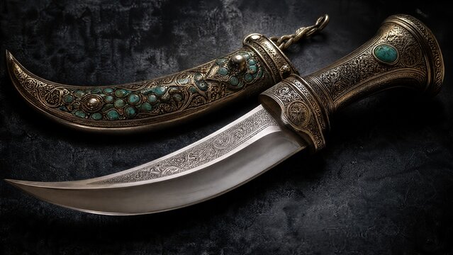 scabbard. Curved dagger with intricate arabesque patterns and turquoise inlaid scabbard. event programs, museum guides, designed for cultural heritage projects and event programs.