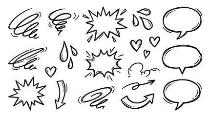 Hand drawn comic doodle symbols and speech bubble set