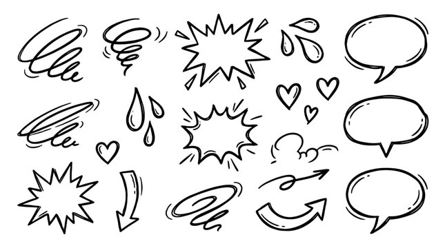 Hand drawn comic doodle symbols and speech bubble set