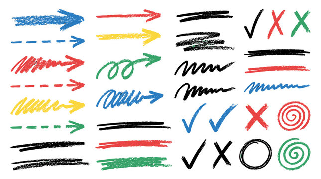 Colorful chalk arrow and scribble mark set on white background