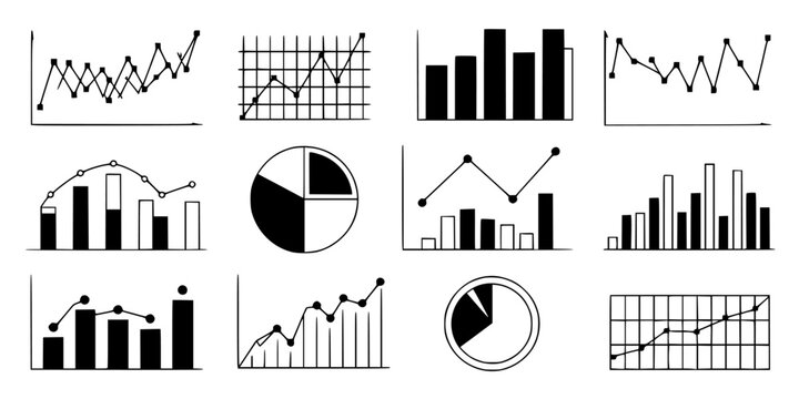 Graph Chart Set of Monochrome Statistical Diagrams with Line, Bar and Pie Charts, Infographic Style Icons on Grid