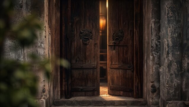 ajar. Ancient wooden double doors slightly ajar, revealing a sliver of light. real-estate listings, architecture portfolios, designed for interior renovation comparisons for interiors.