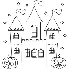 Fototapeta premium Spooky Cute Halloween Castle With Towers Pumpkins and Stars Simple Coloring Sheet Illustration Isolated on a Transparent or White Background