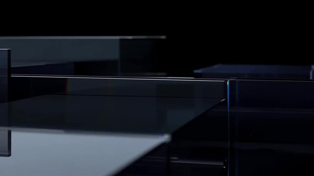 Tracking slow motion pan of glass panels sliding and overlapping on dark studio tabletop with reflective translucent panes and sharp rim lighting