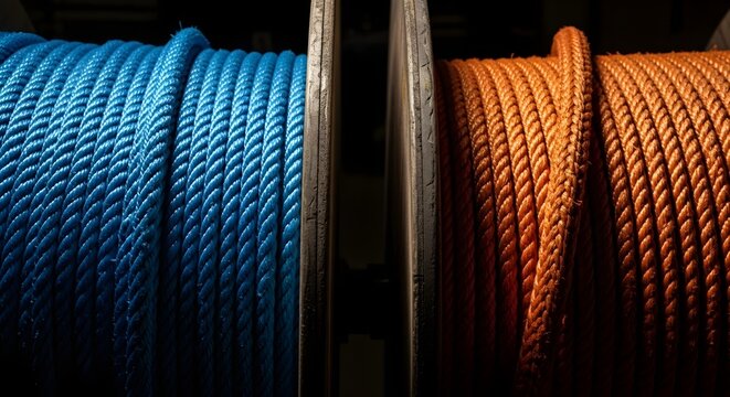 Closeup of blue and orange industrial ropes on wooden spools