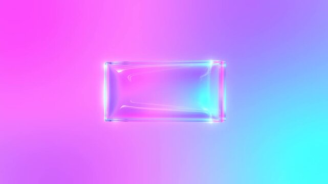 Slow motion static shot of iridescent glass rectangle pulsing and shimmering while floating over pastel gradient seamless studio background