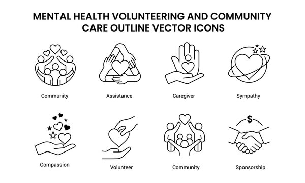 Mental Health Volunteering and Community Care Outline Vector Icons