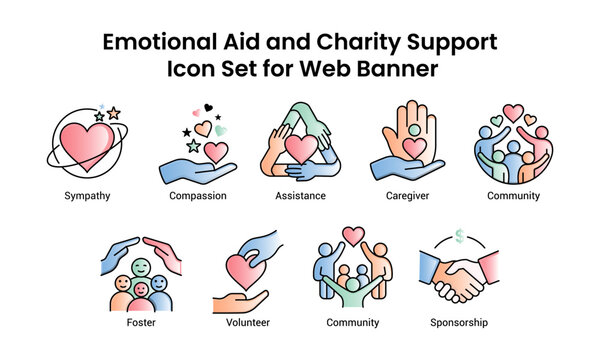 Emotional Aid and Charity Support Icon Set for Web Banners With Editable Stroke.