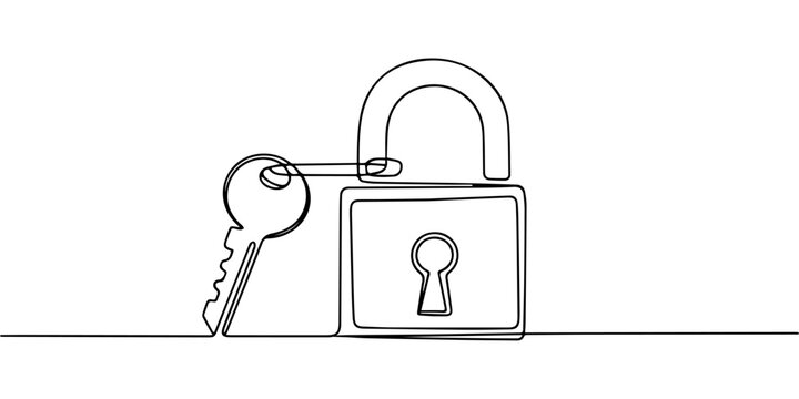 padlock and key continuous one line drawing, Padlock and key continuous one line drawing, Single continuous line drawing three keys from apartment.