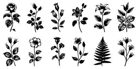 Fototapeta premium Flowers and Plants in Black and White Illustration Style with Various Leaf and Petal Designs Featuring Leaves, Petals, Botanical with Nature