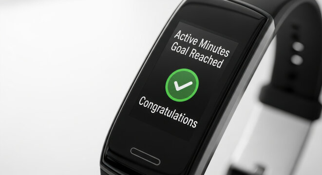 Fitness tracker showing active minutes goal reached for cardiovascular health and prevention motivation on wrist