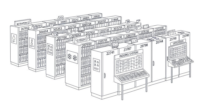 Vintage Computer System Line Drawing - Retro Technology and Data Processing