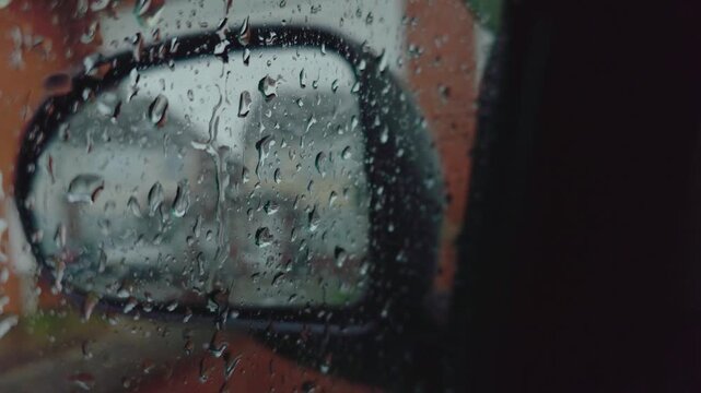 Storm rain hitting car window with raindrops covering rear side mirror reflection. Parked vehicle during severe weather creating moody transportation safety and solitude concept. Wet glass texture