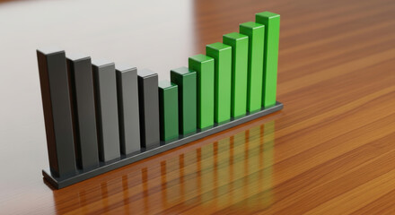 Fototapeta premium Oil prices and energy transition drive growth shown in green and black bar chart on wooden surface reflecting progress and hope