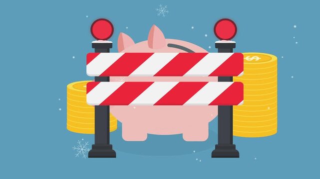 piggy bank behind barricade in winter. Budget cut and money delay