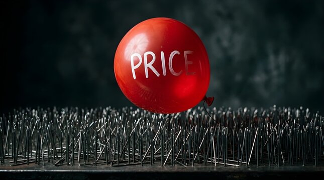 Red balloon labeled with price floats dangerously close to a bed of sharp spikes.