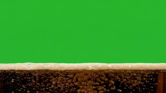 4K seamless loop of dark beer bubbling on green chroma key, ideal for beverage ads, overlays, VFX compositing and motion graphics.