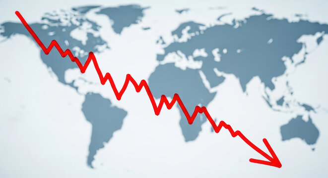 Declining red arrow graph over world map symbolizes economic impact of us china trade tensions affecting global markets and business growth