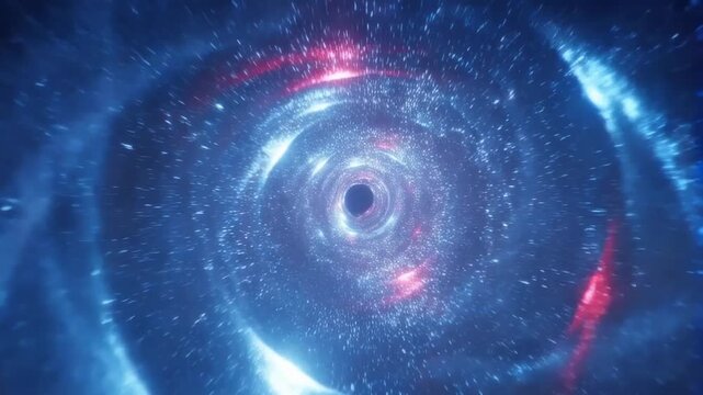 Tracking shot forward into swirling space vortex tunnel around black hole with glowing blue and red stardust in interstellar cosmos