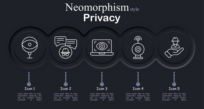 Privacy set icon. Security camera surveillance, anonymous chat spy mask, laptop eye tracking, webcam monitoring, data protection hand user, cybersecurity control, digital safety