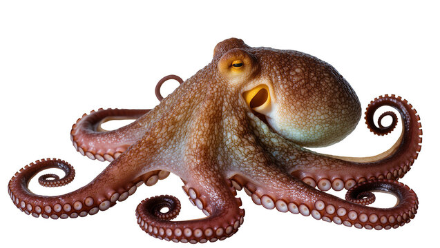 Brown octopus with curled tentacles and suckers