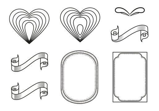 Vintage Engraved Decorative Elements Collection with Hearts, Ribbons, Scrolls, and Ornate Frames. Retro Line Art Woodcut Graphic Ornaments for Wedding and Labels.