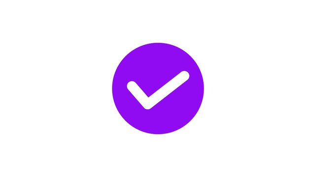 check mark icon animation on white background. white correct or right choice icon animation in Purple circle