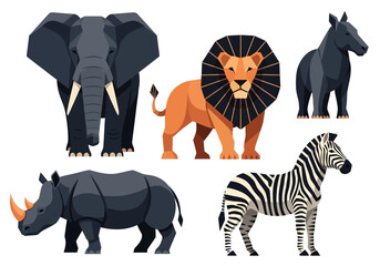 Geometric African Animal Illustrations Set - Low Poly Style Lion, Elephant, Rhino, Zebra, and Wildebeest Icons for Safari Design and Educational Graphics © Roza