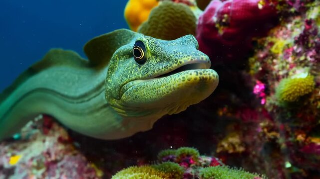 Green fish with yellow eye and black nose.