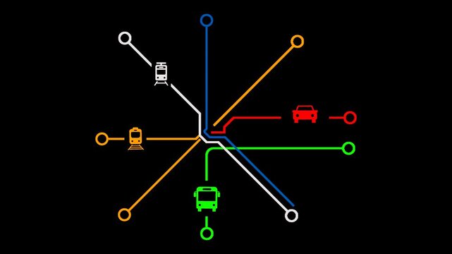 Urban public transport network map with lines and vehicle icons for travel
