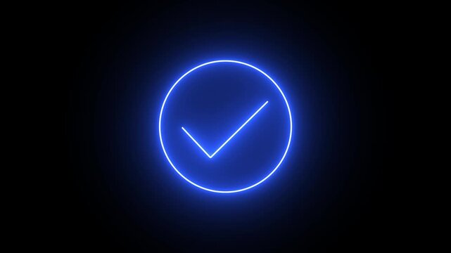 glowing neon blue check mark animation. checkmark inside a circle animated