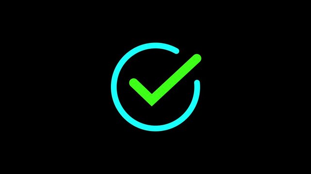 green check mark icon cyan circle animated on black background. glowing check mark icon animation