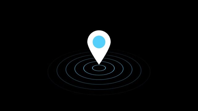 location icon animation on black background. gps map and radio waves