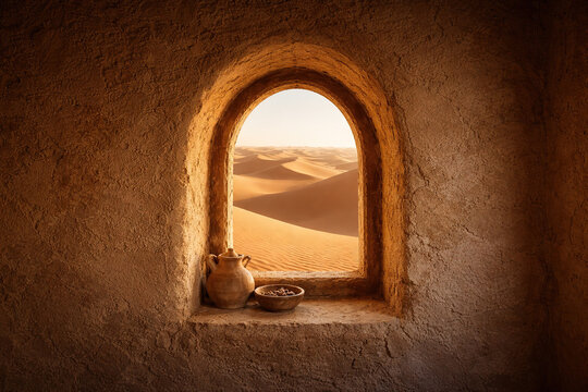 Minimal composition of a rustic adobe window framing endless desert dunes, creating a peaceful and contemplative atmosphere.