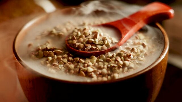 Organic green buckwheat steaming in rustic wooden bowl