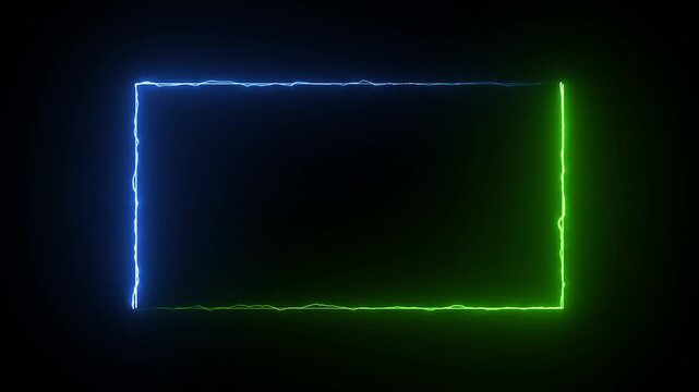 neon animation and background. Square rectangle picture frame with two tone neon color motion graphic on isolated black background