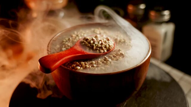 Organic Green Buckwheat grains smoking in a wooden bowl with a red spoon