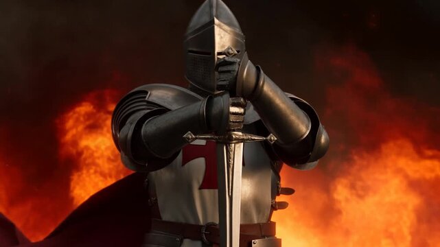 Slow motion push in of medieval knight templar holding sword and praying in front of roaring flames on battlefield closeup with smoky fiery background