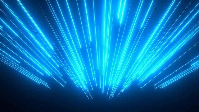 Tracking shot of blue neon light streaks streaming downward and converging toward viewer in dark abstract space studio interior