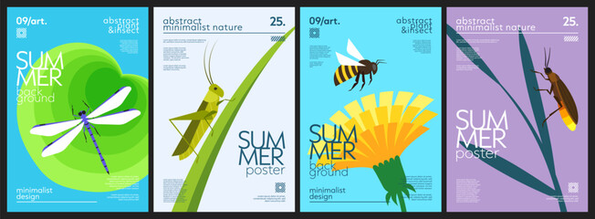 Minimalist geometric set of nature summer backgrounds with dragonfly, grasshopper, bee, firefly, dandelion, grass, water lily leaf. Simple design of insects and plants for cover, poster, banner, card